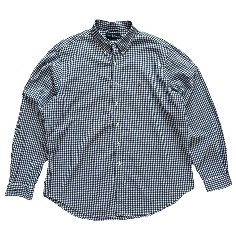 VTG Ralph Lauren Classic Fit Button Down Shirt Blue White Check XXL Cotton Pony